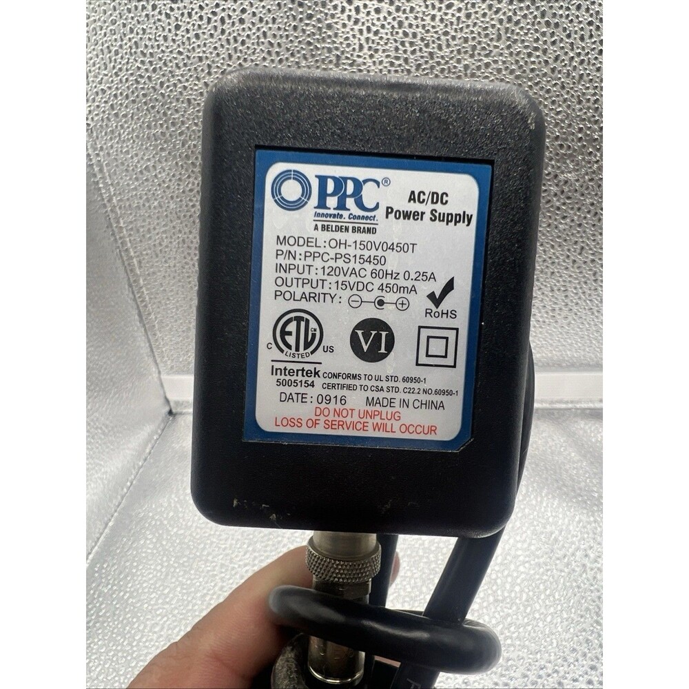 PPC AC/DC Adapter 15V 450mA Black 120VAC Input OH-150V0450T PPC-PS15450